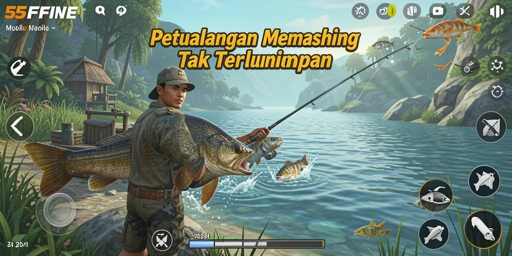 Gameplay memancing di 55FIVE dengan grafis menawan.