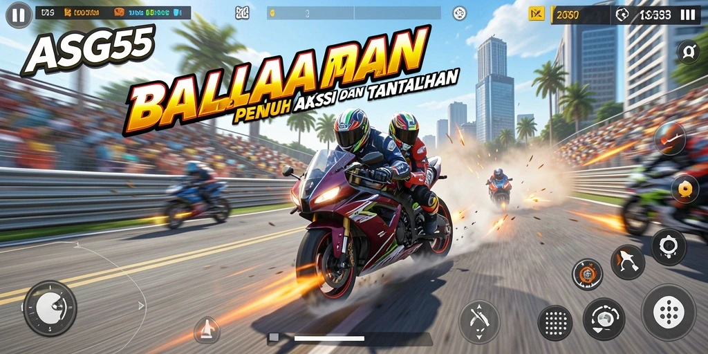 Screenshot gameplay ASG55 menampilkan adrenalin tinggi di lintasan balap motor.