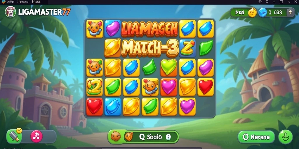 Screenshot gameplay LIGAMASTER77 dengan level Match-3 yang menarik.