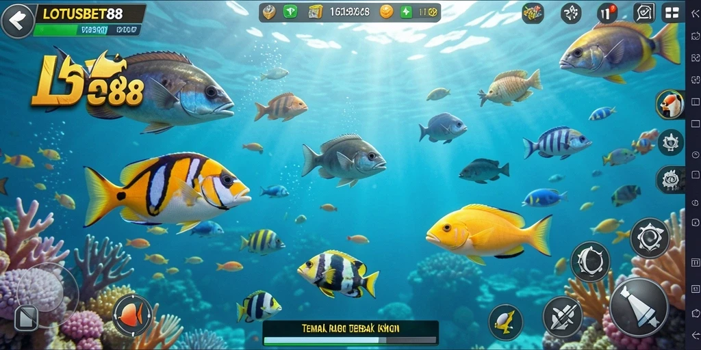 Screenshot LOTUSBET88 menampilkan aksi seru menembak ikan.