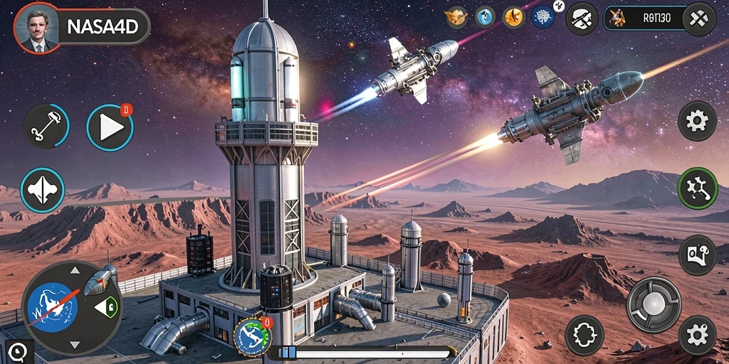 Tangkapan layar gameplay <strong>NASA4D</strong> menunjukkan aksi pertahanan yang mendebarkan di luar angkasa.