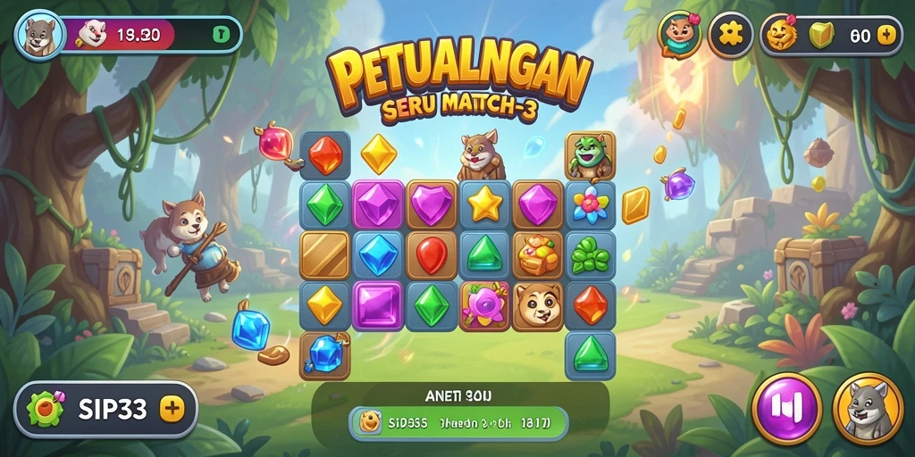 Menampilkan gameplay Match-3 yang seru dan penuh warna.